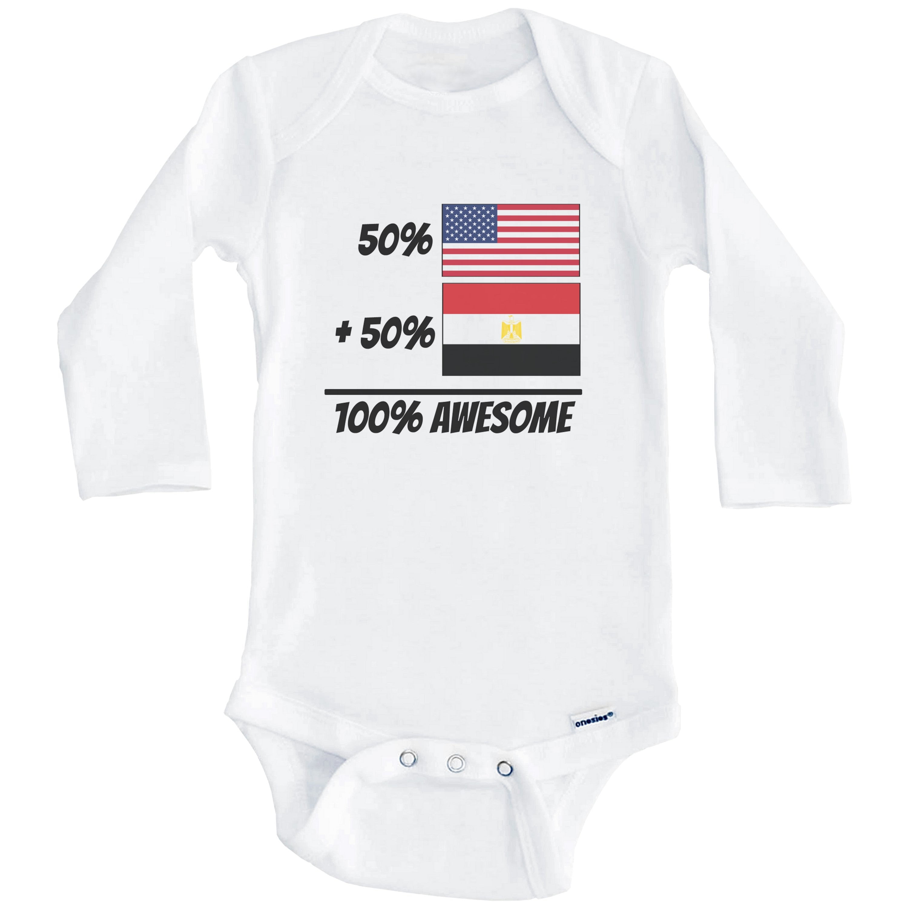 50% American Plus 50% Egyptian Equals 100% Awesome Cute Egypt Flag One Piece Baby Bodysuit (Long Sleeve), 6-9 Months White