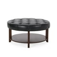 thumbnail image 3 of Baynes Contemporary Faux Leather Tufted Wood Round Ottoman with Open Shelf, Midnight Black and Espresso, 3 of 7