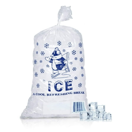 Pack of 1000 Ice Bags with Twist Ties 11 x 20. Printed Bags Ice Bags with Write on Block 11x20. Capacity 8 lbs. Food Grade Safe Plastic Ice Bags. Cool Penguin Design.
