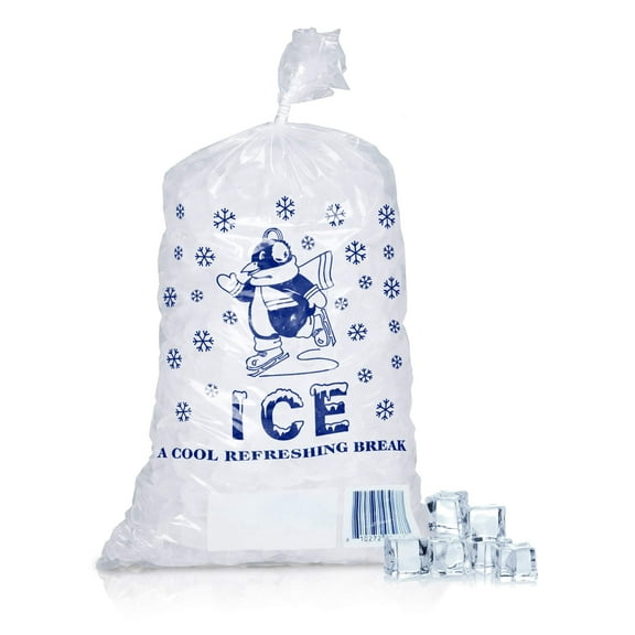 Pack of 1000 Ice Bags with Twist Ties 11 x 20. Printed Bags Ice Bags with Write on Block 11x20. Capacity 8 lbs. Food Grade Safe Plastic Ice Bags. Cool Penguin Design.