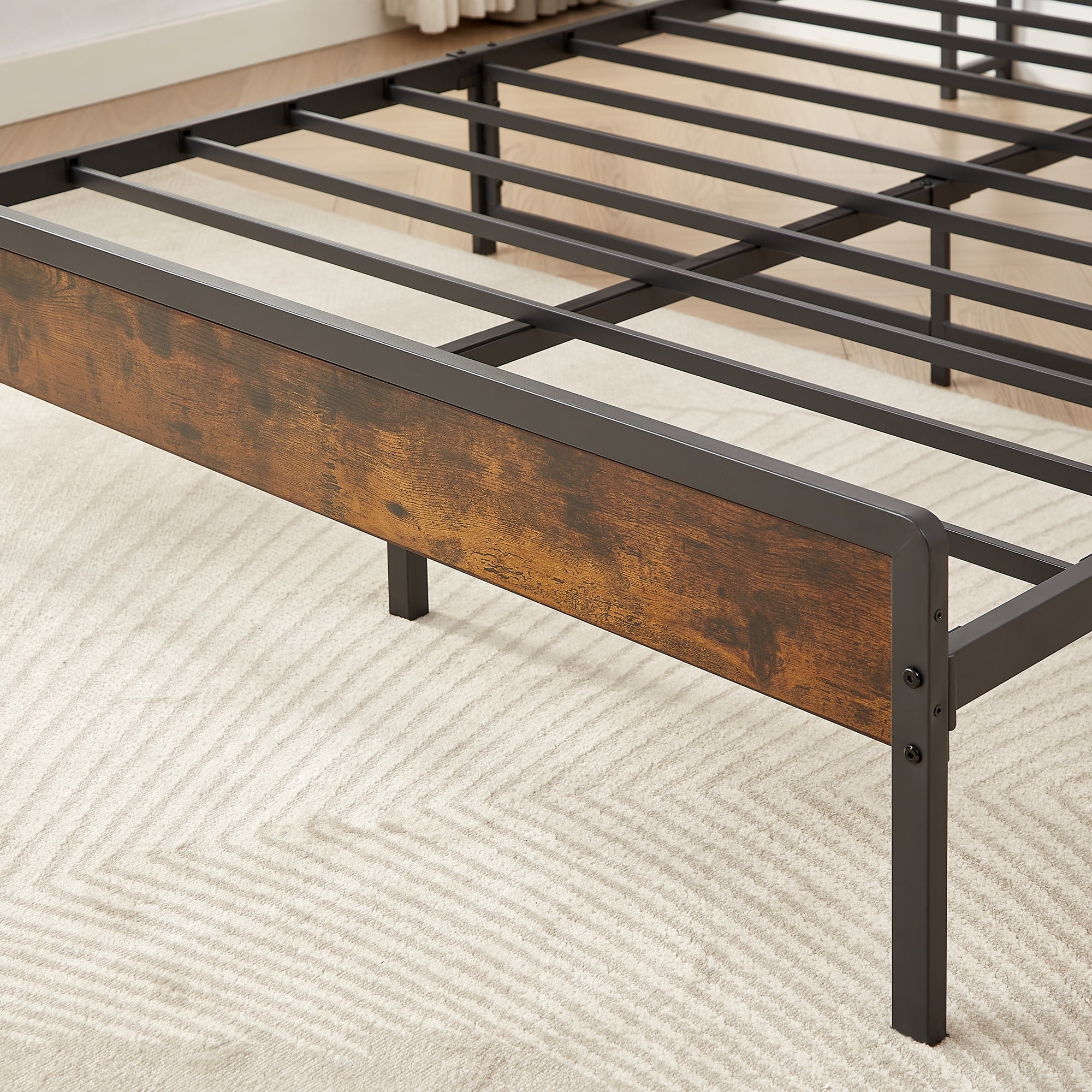 Gewnee Metal Full Size Bed Frame with Wooden Storage Headboard Shelf and Charging Ports,Rustic Brown