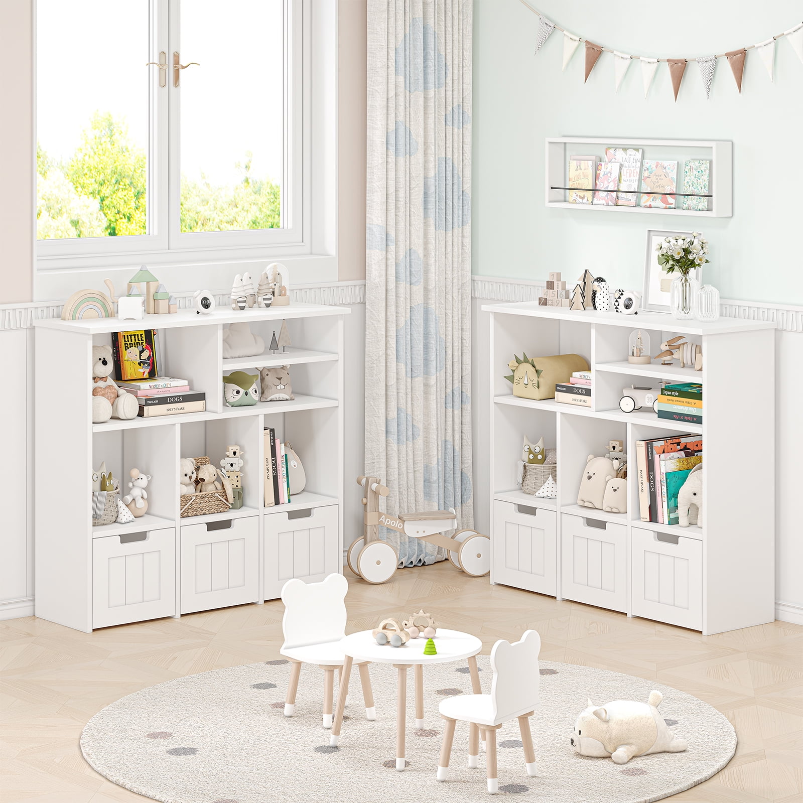 Toy Storage Organizerwith Hidden Wheels, Kids Bookshelf Floor Toy Storage Cabinet, 3 Movable Drawers