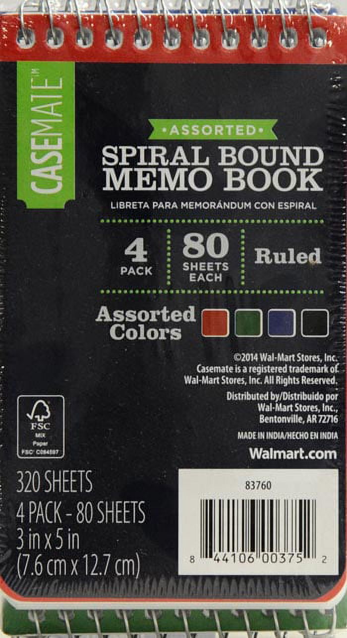 Pen + Gear 4 Pack 3"x5", Top Spiral Memo Book, 80 Sheets Per Book