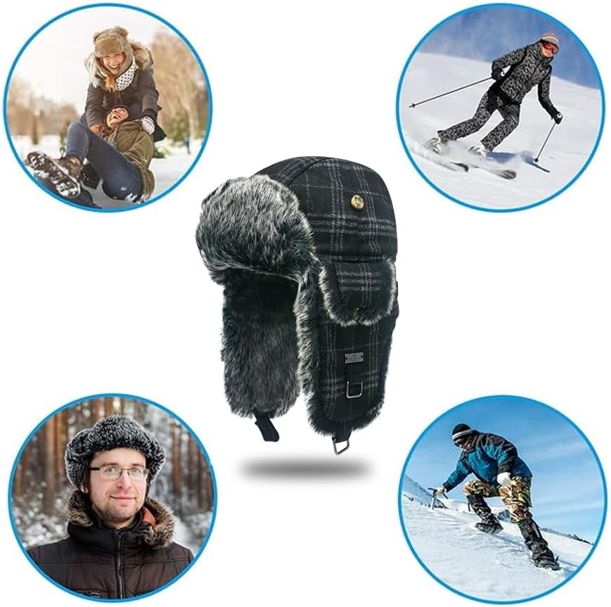 Fur Winter Trapper Hat,Wool Faux Fur Aviator Ski Trapper Trooper Pilot Snow Eskimo Hat with Ear Flaps for Men & Women