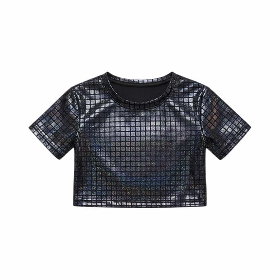 Tisuna Sequin Cropped Tops For Girls Child Laser Print Short Sleeve Crew Neck Shirts Fashion Cute Girls Summer Performance Dance Clothes Black Size 3-4 Years