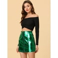 thumbnail image 3 of Allegra K Mini faldas metálicas de cintura alta con cremallera frontal Aline para mujer Verde S, 3 of 5