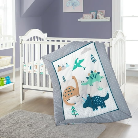 Nanshing Dino Land 3 Piece Baby Nursery Crib Bedding Set, Grey/White