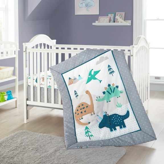 Nanshing Dino Land 3 Piece Baby Nursery Crib Bedding Set, Grey/White