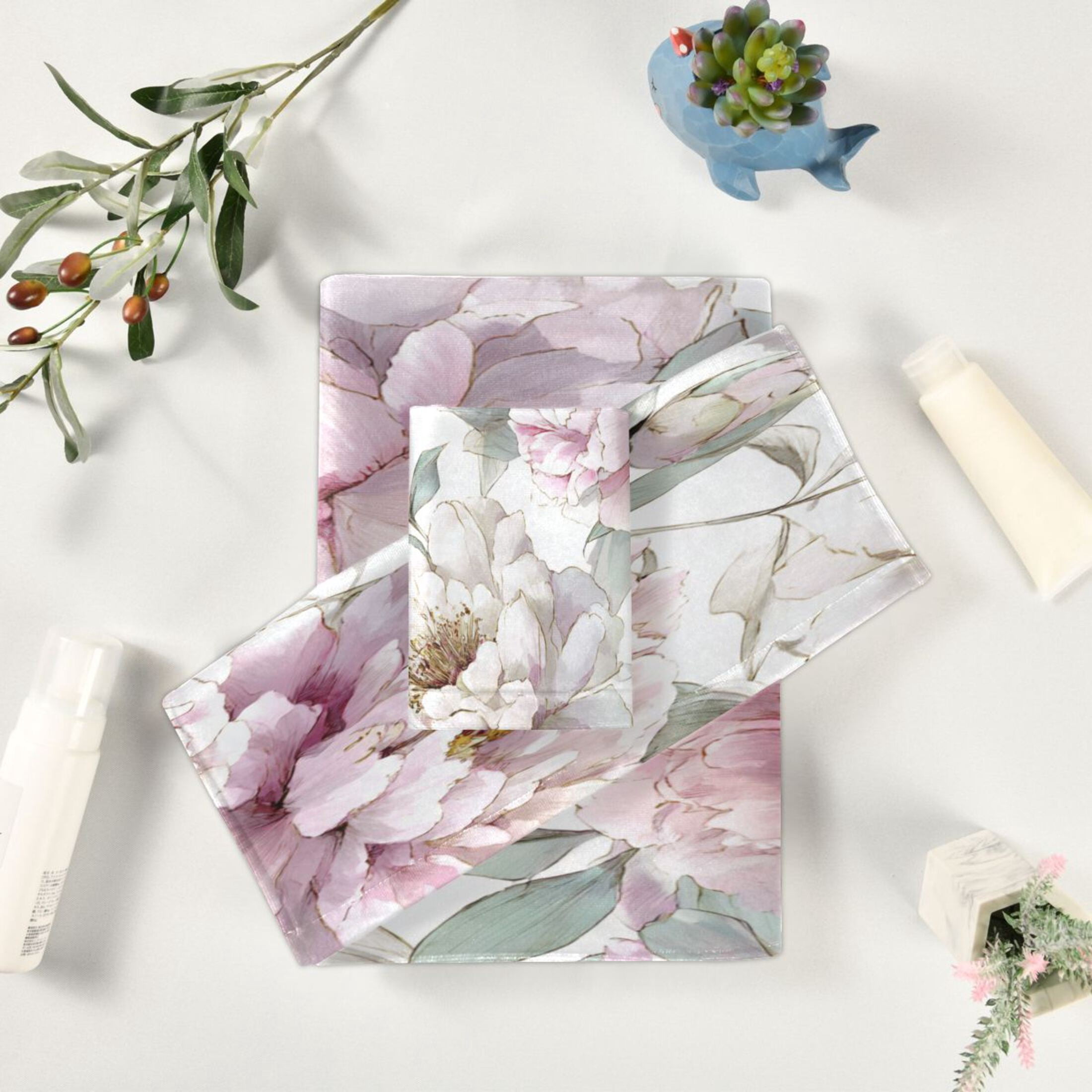 3 Pack Towel Set - Bath Towel, Hand Towel & Washcloth for Daily Household Use Watercolor Peony Garden