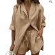 thumbnail image 3 of Qarigey Pantalones cortos de camisa para mujer, 2 uds., con solapa, parte de un solo pecho, pierna ancha conjuntos de ropa Caqui XL Qarigey AP003185-20, 3 of 4