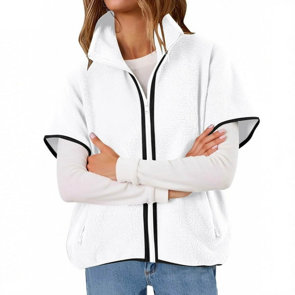 Woman Hoodies Zip up Short Sleeve Jacket Women Casual Fleece Vests, Oversized Fuzzy Warm Winter Coat Zip up Stand Collar Gilet Outerwear with Pockets White XXL