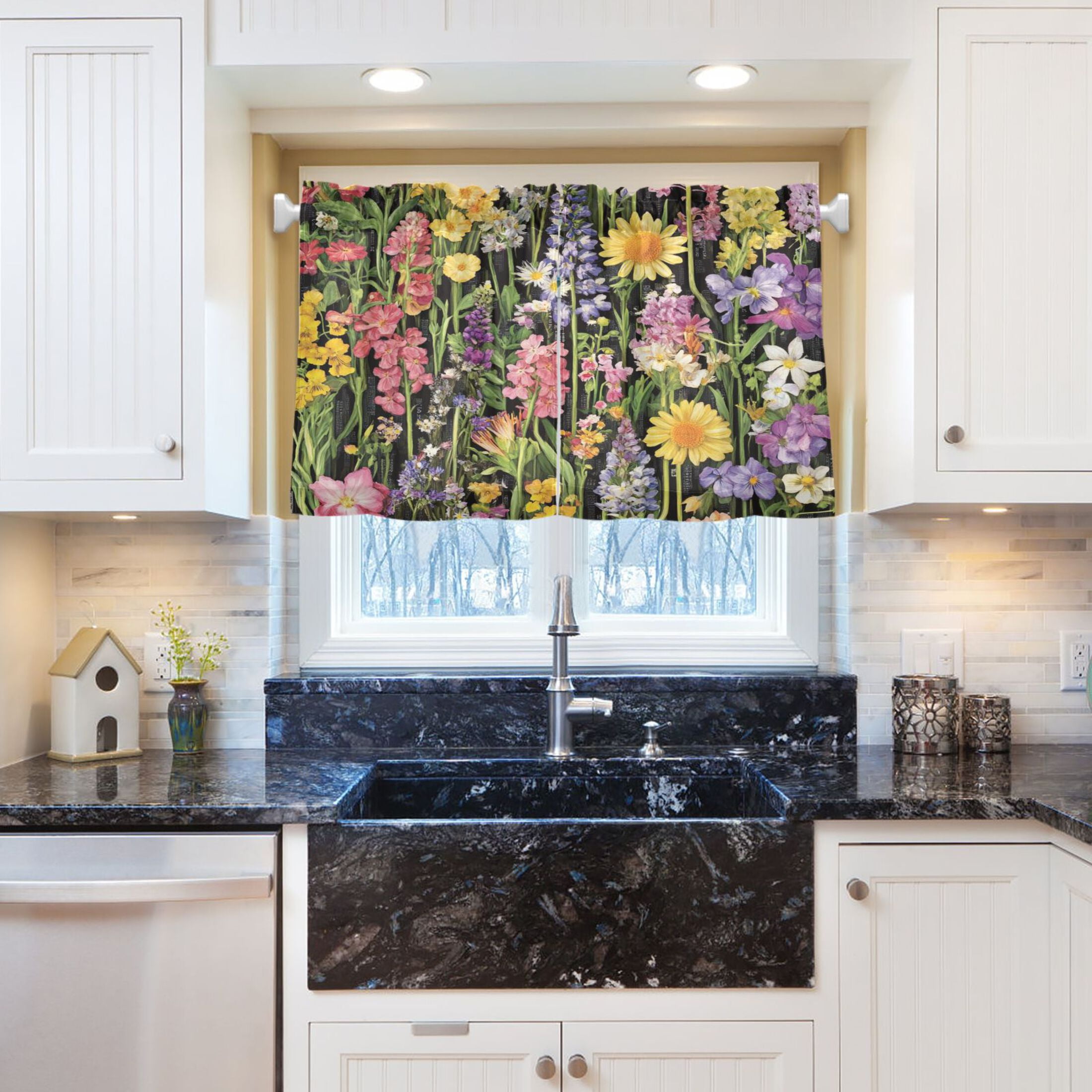 Spring Garden on Black 27"x36" Linen Look Cafe Curtain Set with Privacy and UV Protection