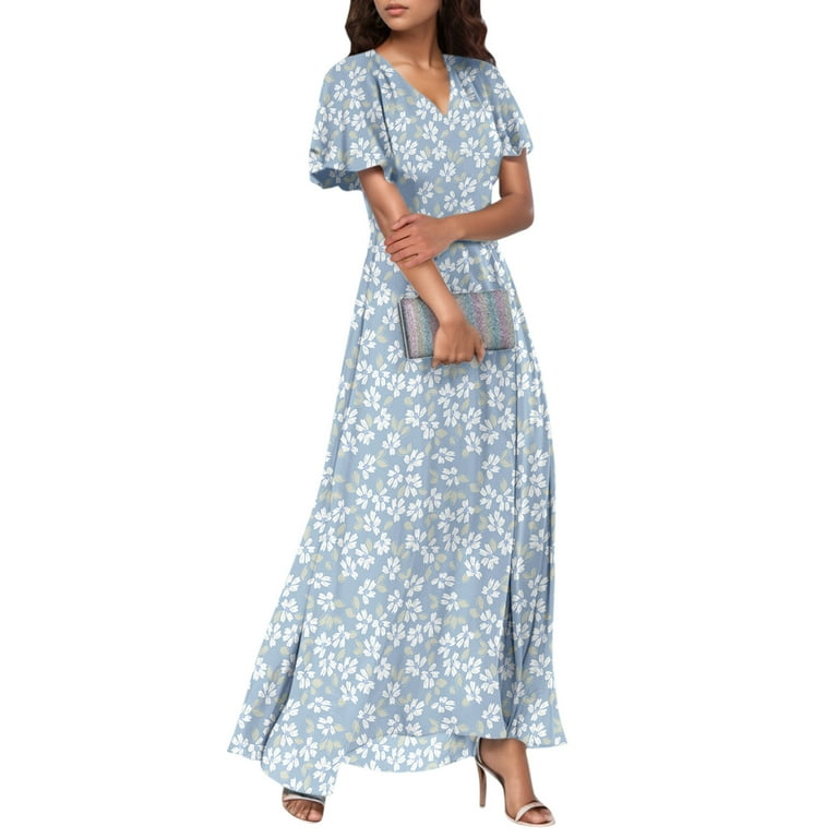 Mother'S Day Dress, Wedding Guest Easter Dresses Chiffon Floral Short  Sleeve Ruffle V Neck Flowy Maxi Dress Linen For Women 2025 Red Dress Modest  Engagement Dresses Maxi (L, Light blue) ZMTing -