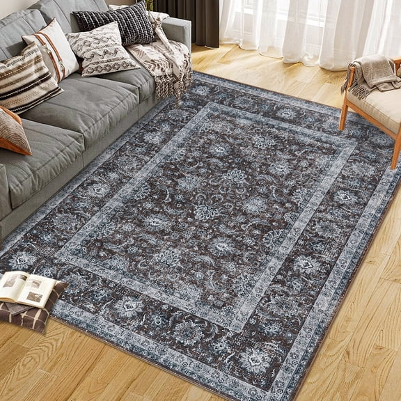Boho Vintage Washable Area Rug 8x10ft Low Pile Floral Print Carpet for Living Room, Bedroom, Dining Room