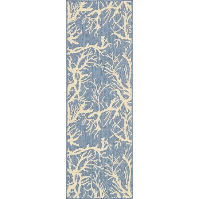 Unique Loom Collection Botanique Abstrait Pictural Transitionnel Tapis de Course Intérieur et Extérieur, 2 x 6 Pieds, Bleu Marine/beige