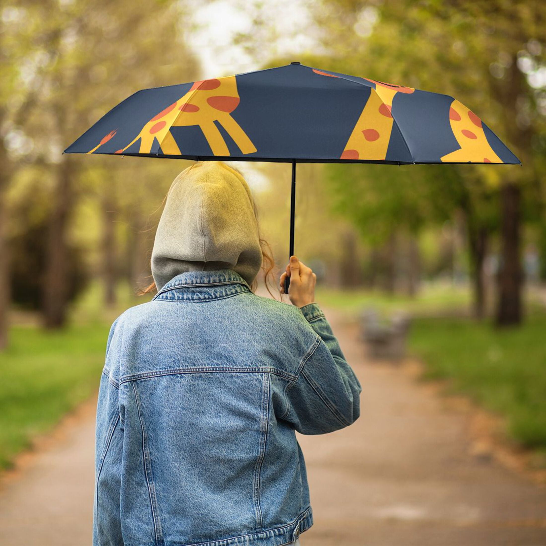 Cute Cartoon Giraffes All Weather Umbrella Triple Folding Parasol 6 Ribs UV Protection Portable