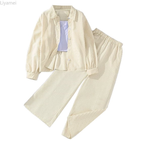 Liyamei Girls Striped Long Sleeve Shirt Outfits 2 Piece Set Casual Spring Summer Clothes For Toddler Kids Comfortable Elastic Waist Girls Casual Sets Size Brown 7-8 Years