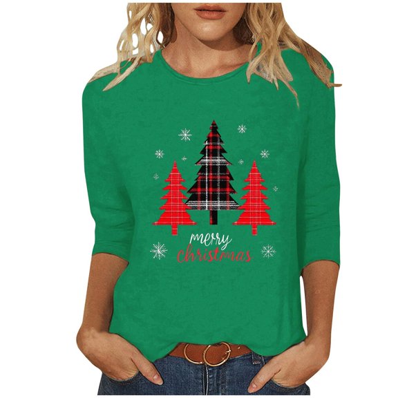 LiMoi Women's Cozy Xmas Tees with 3/4 Sleeve Round Neck and Jolly Xmas Tree Print Tshirts Tops Shirts Blouse My Items