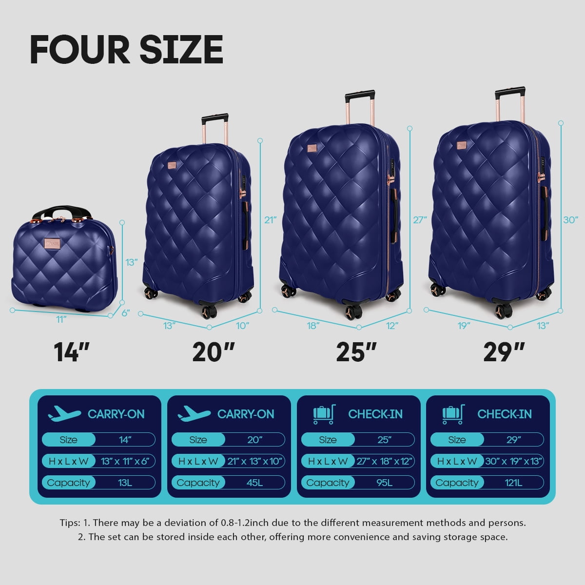 4-Piece Hardside Luggage Set, Lightweight Spinner Suitcases with TSA Lock, Expandable, Navy, 14"/20"/25"/29", WD8810