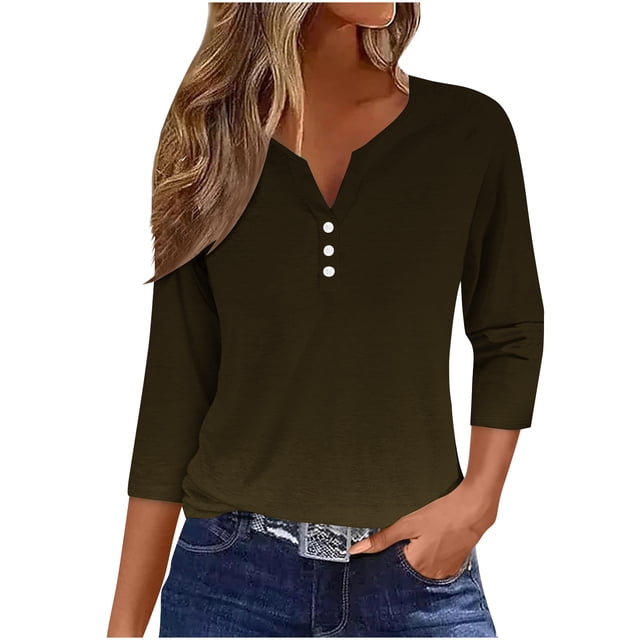 QIPOPIQ Womens 3/4 Sleeve T-Shirts V Neck Buttons Tops Basic Tee Solid Color Blouse Loose Fit Pullover Summer Shirts 2024 Clearance