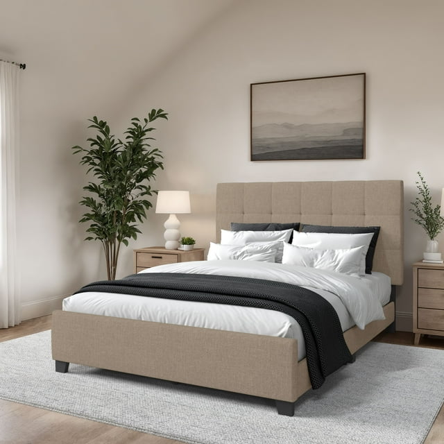 CorLiving Monroe Fabric Upholstered Platform Twin/Single Bed with Tufted Headboard and Wood Legs, No Box Spring Required, Warm Stone