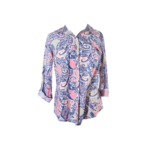 Charter Club Womens Blush Multi Roll-Tab Printed Blouse 4