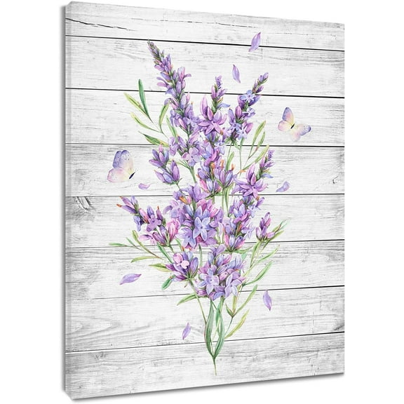 Farmhouse Purple Lavender Floral Wall Art for Bathroom Nature Butterfly Canvas Wall Art Wall Paintings Home Decor Vintage Wall Pictures for Living Room Bedroom Office Ready To Hang,12x16 Inch