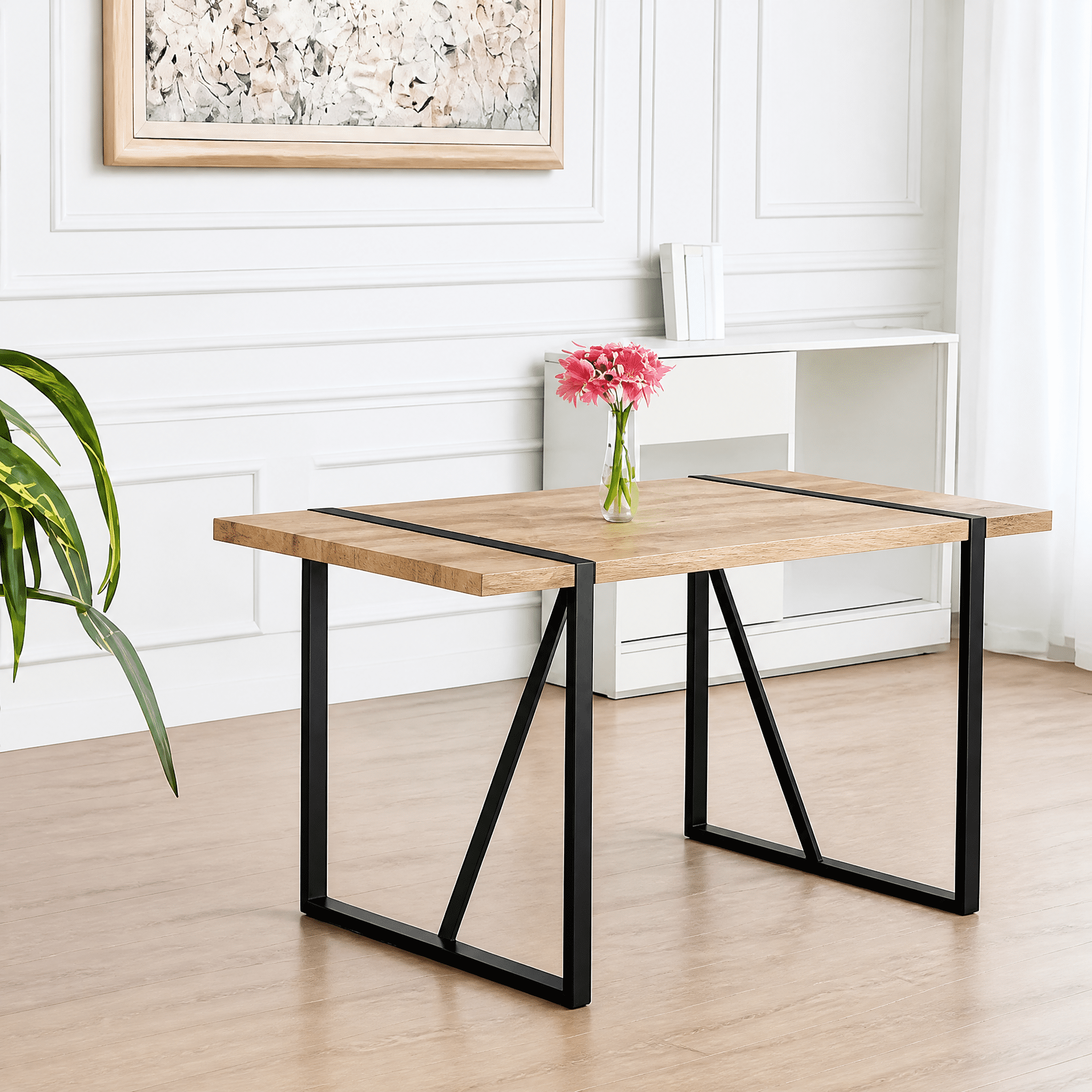 55 Inch Rectangular Modern Rustic Industrial Dining Table for 4-6 People, 1.5" Thick MDF Wood Tabletop with Black Metal Legs, Multipurpose Dining Writing Desk for Kitchen Terrace Living Room