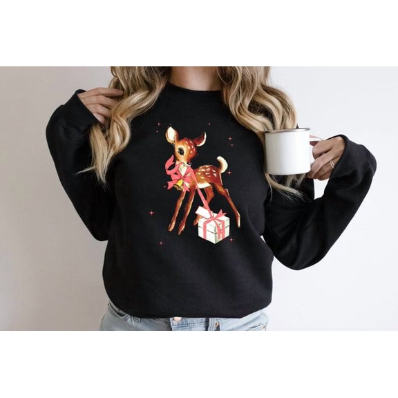 Retro Reindeer Pink Christmas Sweatshirt Gift for Her retro Reindeer Christmas Sweater Baby Deer Sweatshirt Retro Christmas Party Shirt