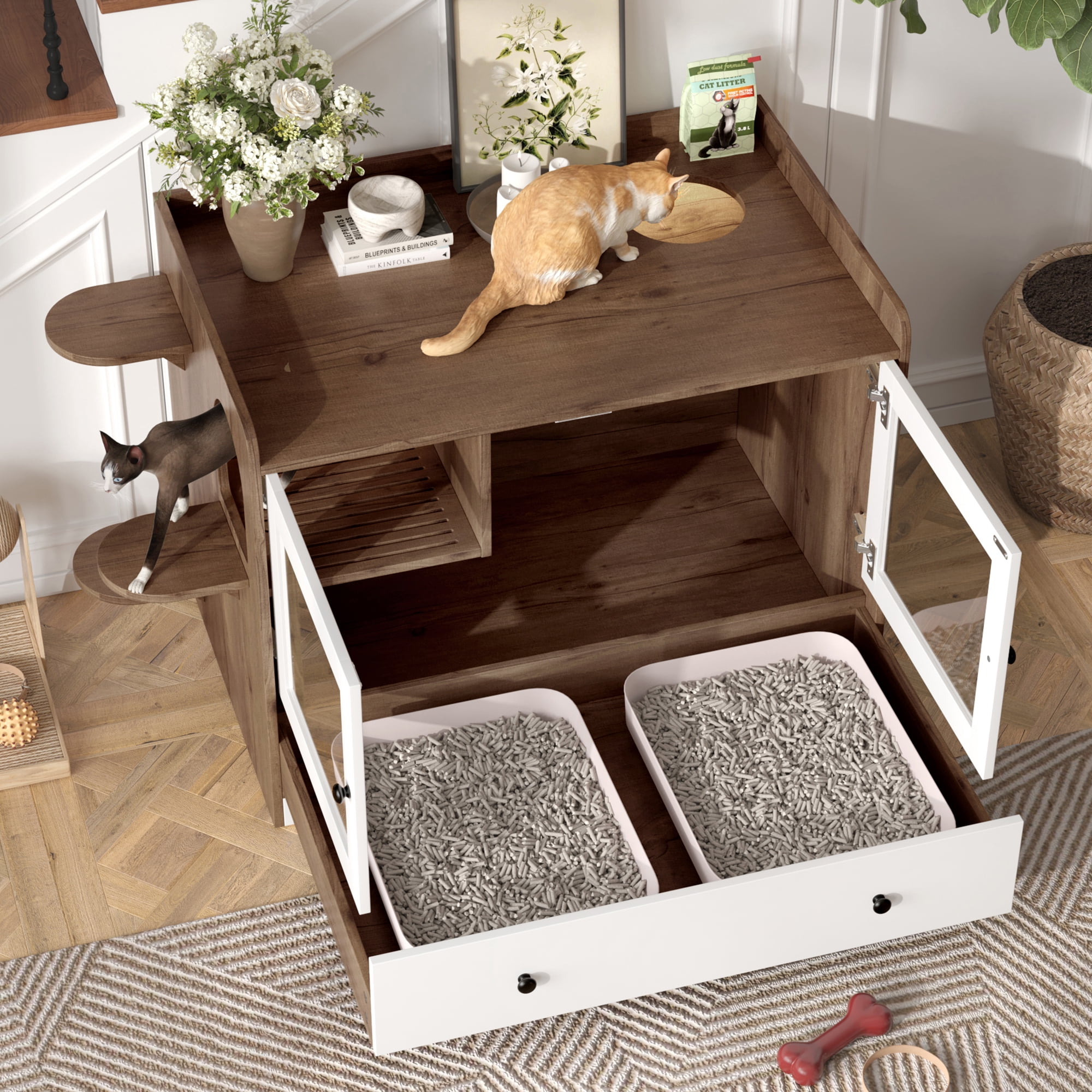 43'' Hidden Cat Litter Box Wooden Furniture Enclosure with Drawer and Stairs Washroom for Bedroom