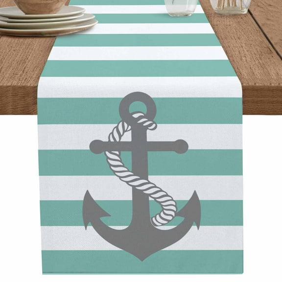 nqOlkjepod Turquoise Stripe Nautical Table Runner 108 Inches Long Farmhouse Dress Scarves, Grey Anchor Summer Coastal Dining Tablerunner for Coffee Table/Kitchen Island/Party Décor, 13" x 108"