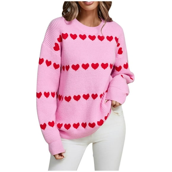 GreatBaby Women's Casual Blouses Fall Winter Warmkeeping Long Sleeved Round Neck Knitted Sweater Priting Contrast Color Fashion Tops(Pink#2,XL)