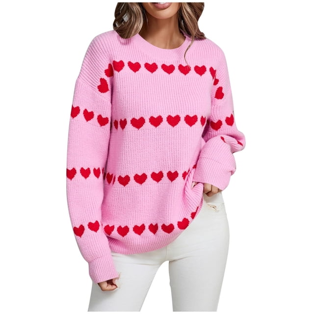 Tauxra Chandail à Manches Longues pour Femmes avec Motif Cœur, Col Rond, Tricoté, pour Usage Quotidien et Décontracté