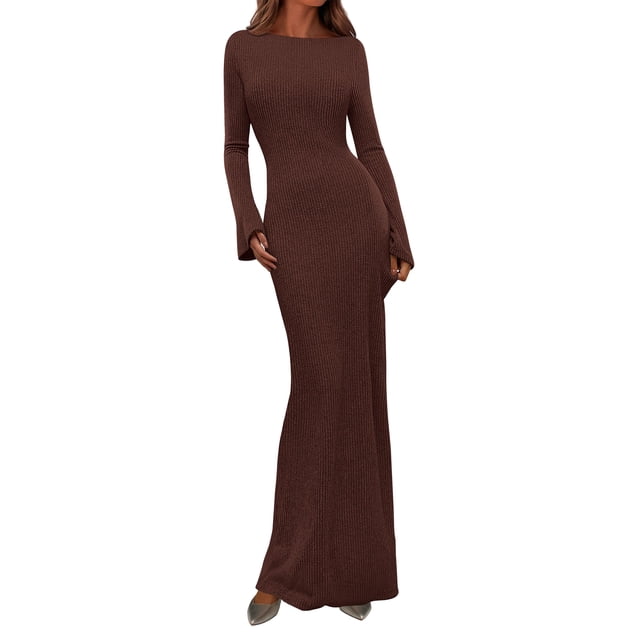 Vestido PRETTYGARDEN 2025 de Punto Acanalado Ajustado Maxi Color Café XXL