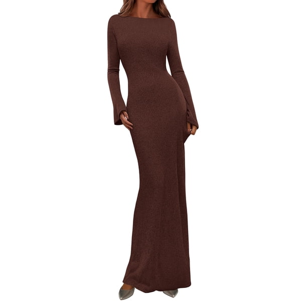 Vestido PRETTYGARDEN de Punto Acanalado Color Café Manga Larga Maxi XL