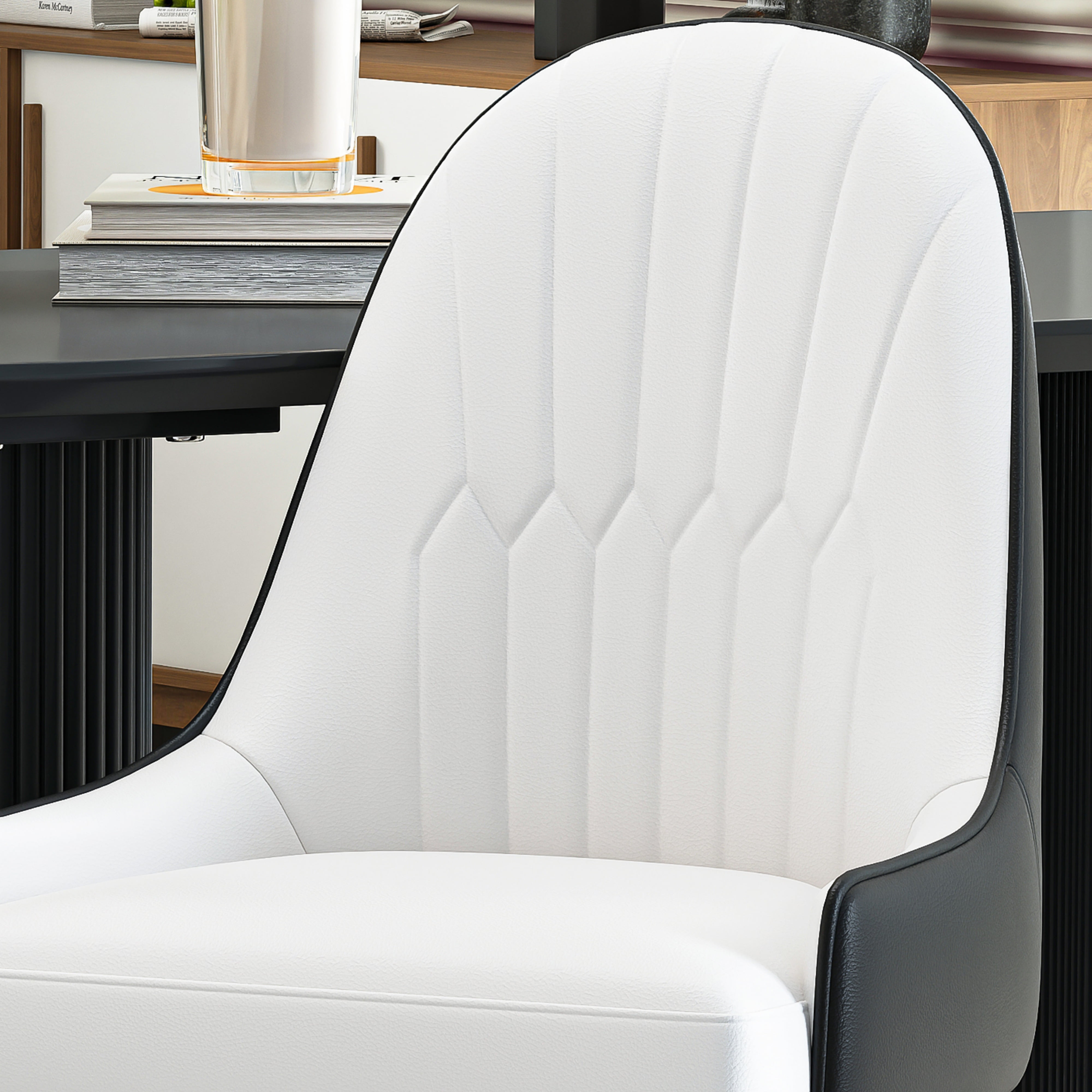 2-Piece Dining Chairs Set, Black-White PU Faux Leather Upholstery with Metal Frame, Modern Design for Kitchen, Living Room, Office