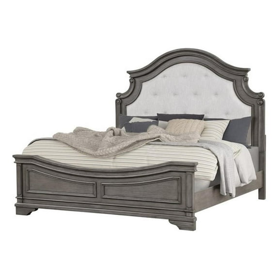 Pemberly Row Traditional Tufted Twill Fabric Headboard Wood Queen Bed in Gray