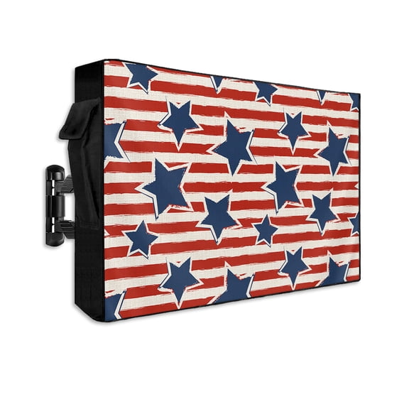 4th of July Outdoor TV Cover 70 to 75 Inch Weatherproof, Independence Day Blue Star Red Striped Rustic 600D Oxford TV Covers with Waterproof Zipper, Outside Flat TV Screen Protector 68"Wx42"Hx4.5"D