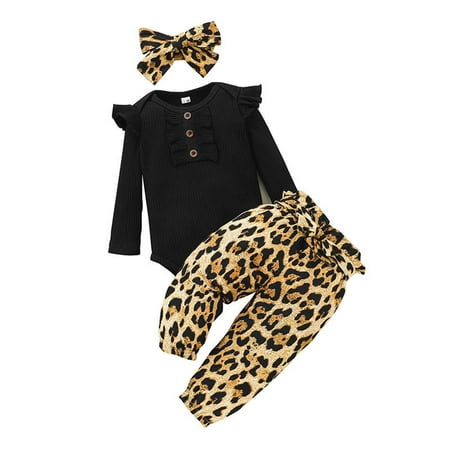 

Hunpta Kids Newborn Baby Girls Long Ruffled Sleeve Solid Letter Ribbed Romper Bodysuit Tops Leopard Print Pants Headbands Set 3PCS