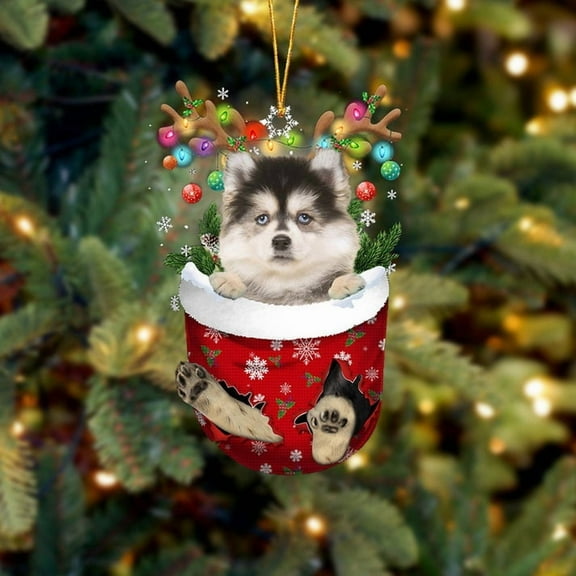 Acrylic 2D FLAT - Pomsky In Snow Pocket Christmas Ornament Flat Acrylic Dog Ornament - Holiday Tree Decoration