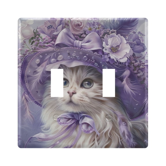 2 Gang Light Switch Cover Plate Elegant Cat with Lilac Flowers Hat Wall Plate Decorate Electrical Outlet Cover Plates 4.56”x4.48”
