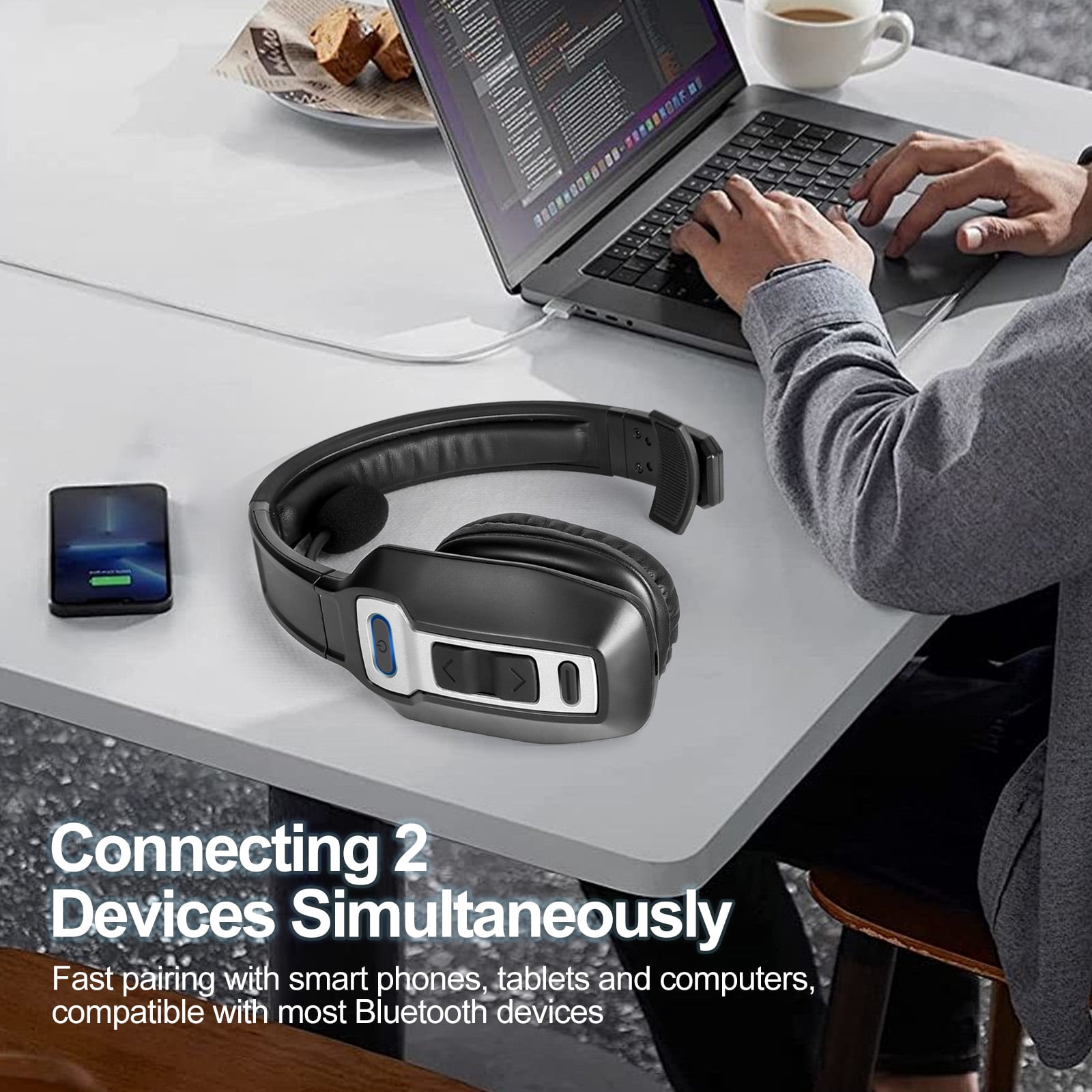 Trucker Bluetooth Headset with Microphone with AI Noise Cancelling & Mute Button Wireless Headphones 60 Hrs Working Time for Home Office Remote Work Zoom