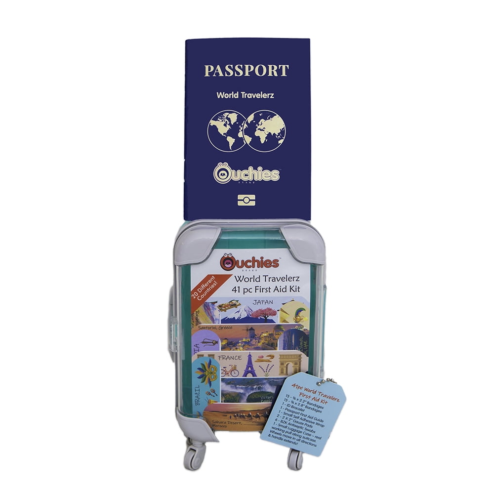 Ouchies World Travelerz 41 Piece (PC) First Aid Kit in luggage with passport for Kids: First Aid and Gift Children to Adults