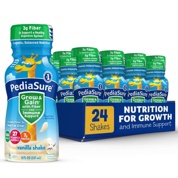 PediaSure Grow & Gain with Fiber & Immune Support, Vanilla, 8-fl-oz Bottle, Pack of 24