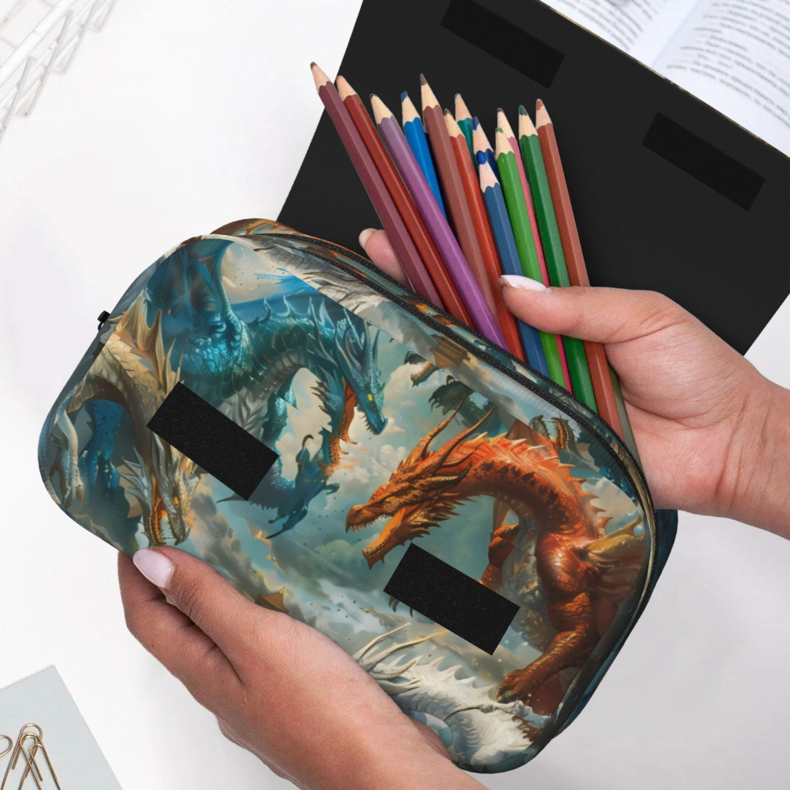 Rateoe Red Blue Dragon Battle Epic Pattern Double Clamshell Pen Case, Storage Organizer with Two Zipper Compartments– Holds Up to 50 Pencils & Pens