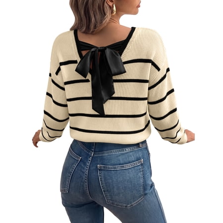 Eytino Womens Sweaters Long Sleeve Back Bow Sweater V Neck Fall Color Block Pullover Tops