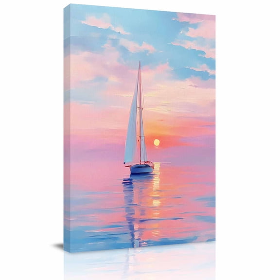 Canvas Wall Art, Pink Blue Nautical Framed Canvas Prints for Kitchen Bedroom, Sunset Sailboat Ocean Coastal Small Gallery Wrapped Wall Decor for Home Office, Gifts, 8"x12" Ship Next Day