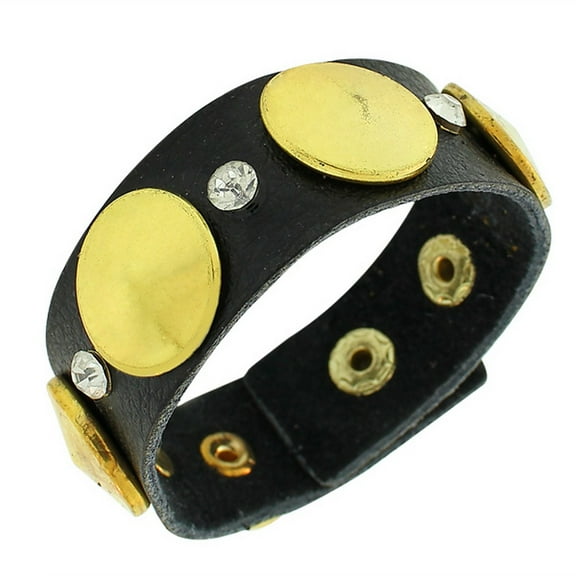 Faux Black Leather Yellow Gold-Tone White CZ Wristband Wrap Bracelet