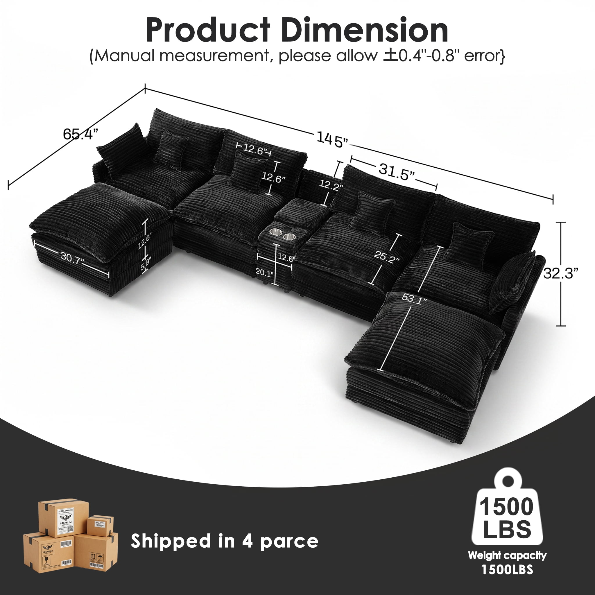 Wakefit 145" U Shaped Sectional Couch, Oversized Modular Sectional Sofa, 5 Seater Corduroy Cloud Couch with Hidden Storage, USB Ports & Cup Holders for Living Room, Black