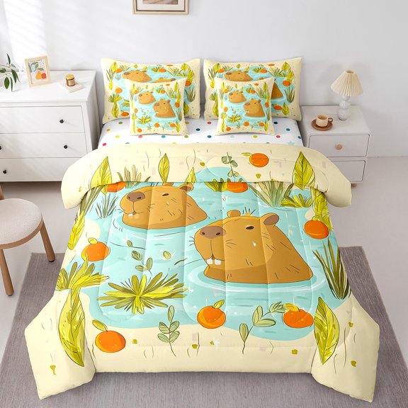 Manfei Cute Capybara 7-Piece Twin Bedding Sets,Botanical Plants Bedding Comforter Set,Cartoon Animal Breathable Sheet Sets,Super Cozy Kawaii Room Decorative,Reversible